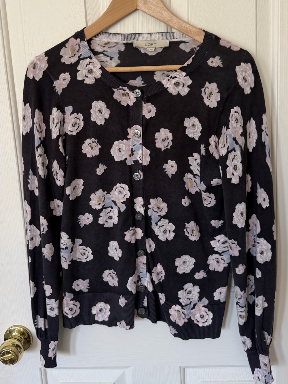 LOFT Black Cardigan with Light Pink Floral Print